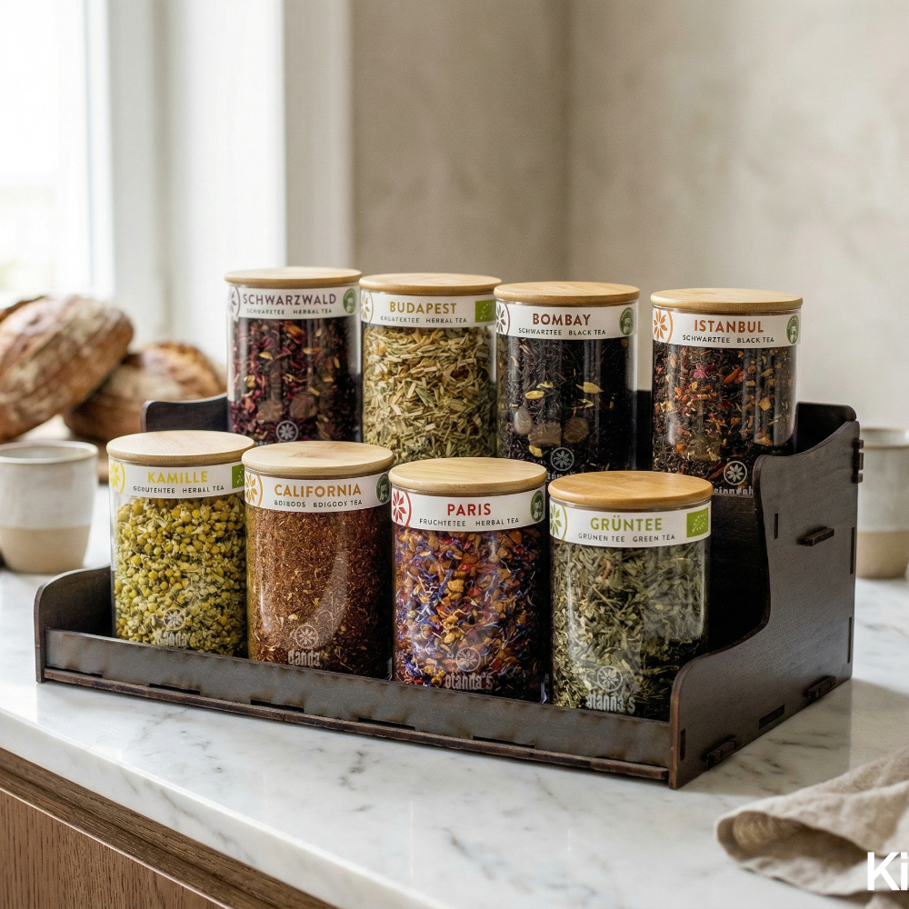 Alanda's Tea TEEBAR Holzregal 8er mit losen Tees auf Marmortisch – stilvolle Teepräsentation für Gastronomie