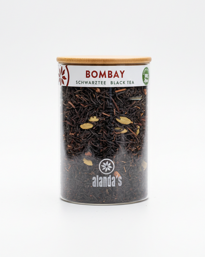 Alanda's Tea Aufbewahrungsglas 800ml gefüllt mit BOMBAY Schwarztee Chai – Teeglas mit Bambusdeckel