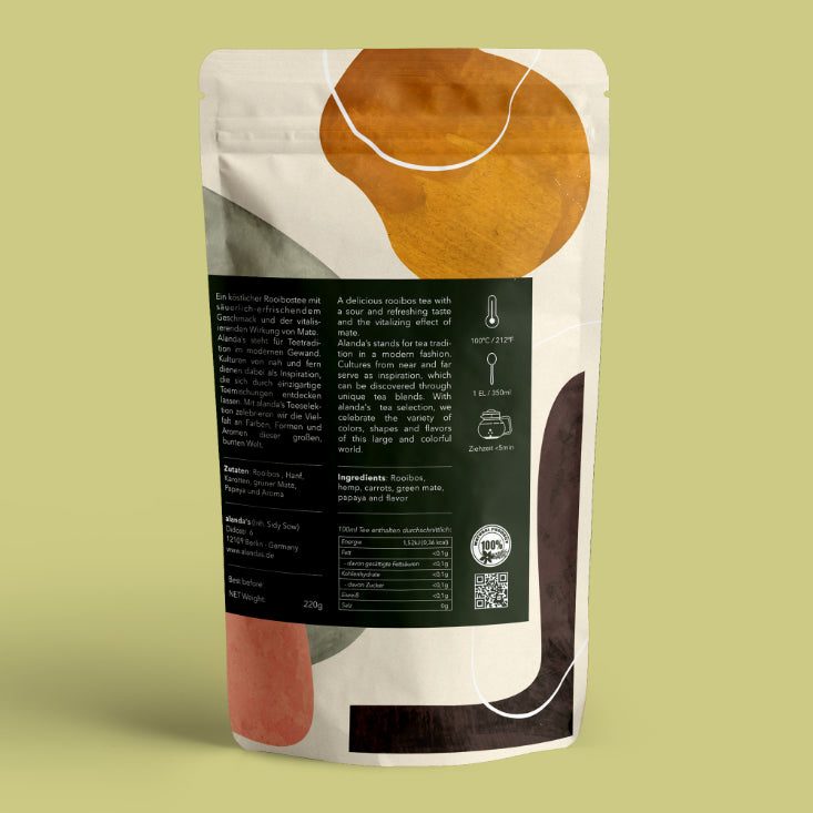 Rückseite BERLIN loser Kräutertee Doypack von Alanda's Tea – Zutaten Rooibos, Hanf, Karotte, Mate