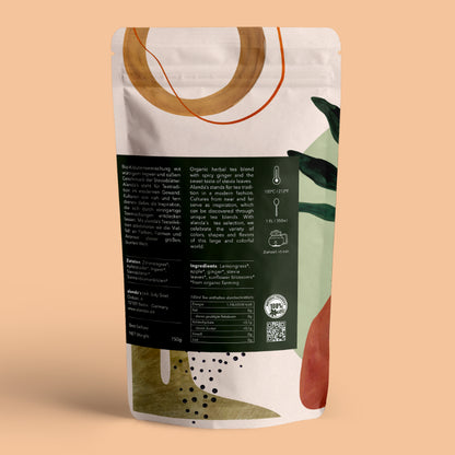 BUDAPEST Tee Rückseite Doypack von Alandas – Bio-Kräutertee mit Lemongras, Ingwer & Stevia 150g