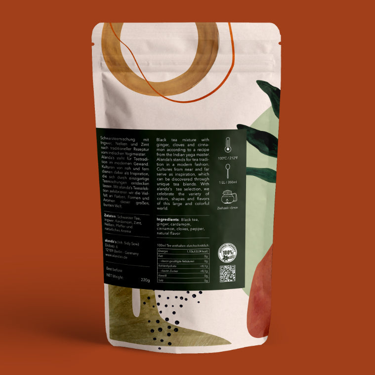 HIMALAYA Tee Rückseite Doypack von Alandas – Schwarztee mit Ingwer, Kardamom & Zimt 220g