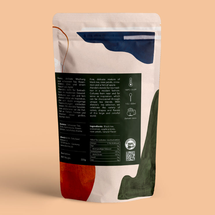 Rückseite ISTANBUL loser Schwarztee Doypack – Alanda's Tea Zutaten Zimt, Apfel, Rosenblüten 220g