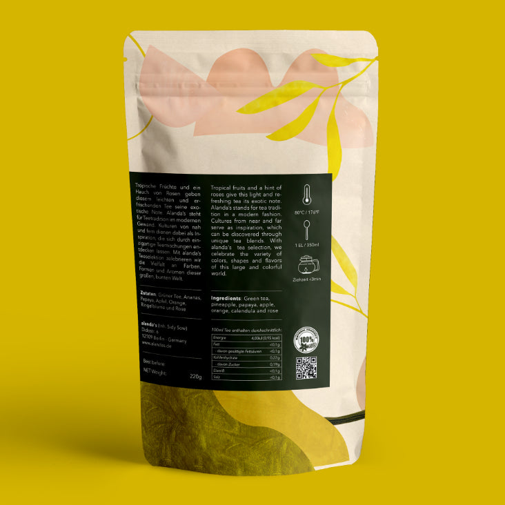 MANILA Tee Rückseite Doypack von Alandas – Grüner Tee mit Ananas, Papaya, Orange 220g