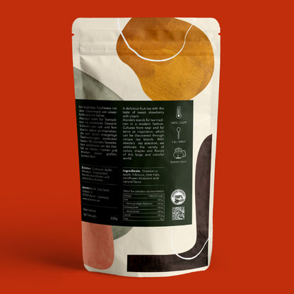 Rückseite PARIS Früchtetee von Alanda's Tea mit Zutatenliste und Zubereitung – loser Tee kaufen