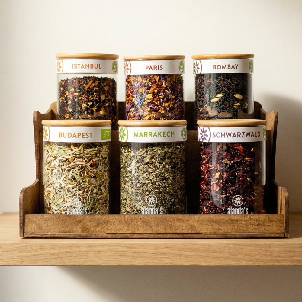 Alanda's Tea TEEBAR Holzregal 6er mit Glasgefäßen für losen Tee – Teepräsentation für Gastronomie und Hotels