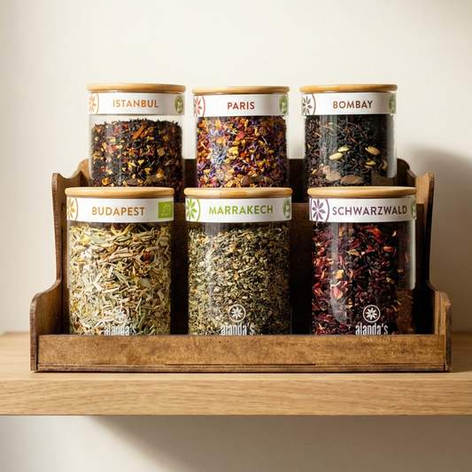 Alanda's Tea TEEBAR Holzregal 6er mit Glasgefäßen für losen Tee – Teepräsentation für Gastronomie und Hotels