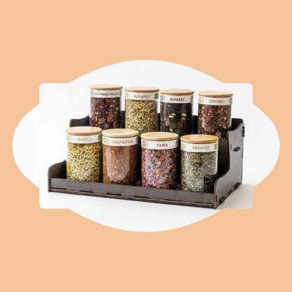 Alanda's Tea TEEBAR Holzregal 8er mit Glasgefäßen für losen Tee – Teepräsentation für Gastronomie und Hotels