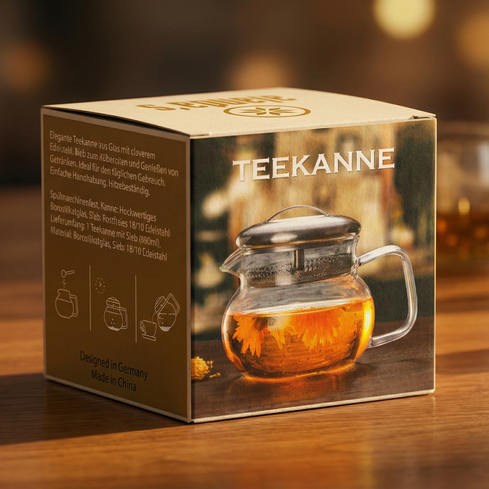 Glaskanne 350ml von Alandas – elegante Teekanneverpackung mit Produktbeschreibung und Abbildung des Glassets
