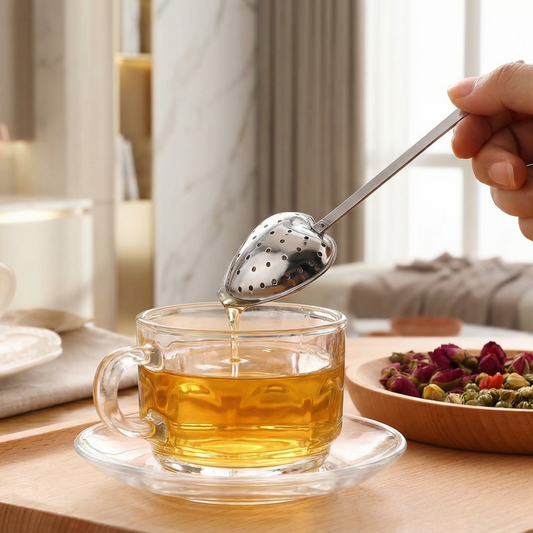 Herzförmiges Teesieb beim Aufgießen in eine Glastasse – Alanda's Tea Teefilter