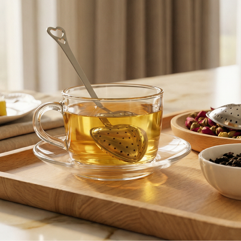 Herzförmiges Teesieb in einer Glastasse mit losem Tee – Alanda's Tea Teefilter Lifestyle Foto