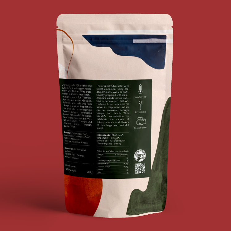BOMBAY Chai Latte von Alandas – Rückseite mit Zutatenliste und Zubereitungshinweisen