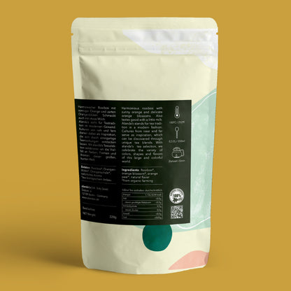 CALIFORNIA Rooibos-Tee Verpackung Rückseite – Inhaltsstoffe und Zubereitungsanleitung | Alandas Tee