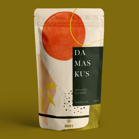 DAMASKUS Sencha von Alandas - Grüner Tee mit Rose, Jasmin und Sonnenblumenblüten in 220g Packung