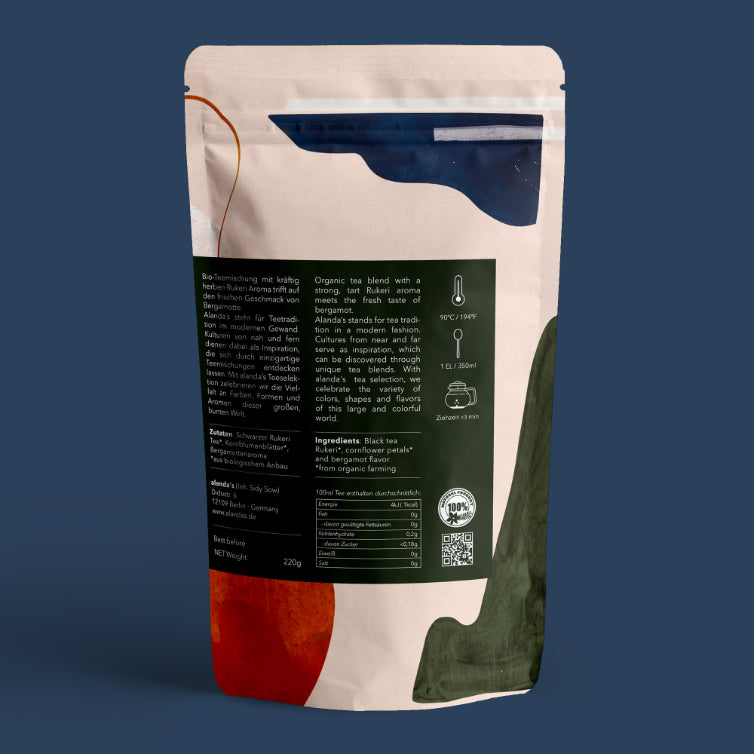 EARL GREY BLUE Tee Rückseite Doypack von Alandas – Bio Schwarztee mit Bergamotte 220g