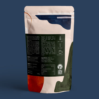 EARL GREY BLUE Tee Rückseite Doypack von Alandas – Bio Schwarztee mit Bergamotte 220g