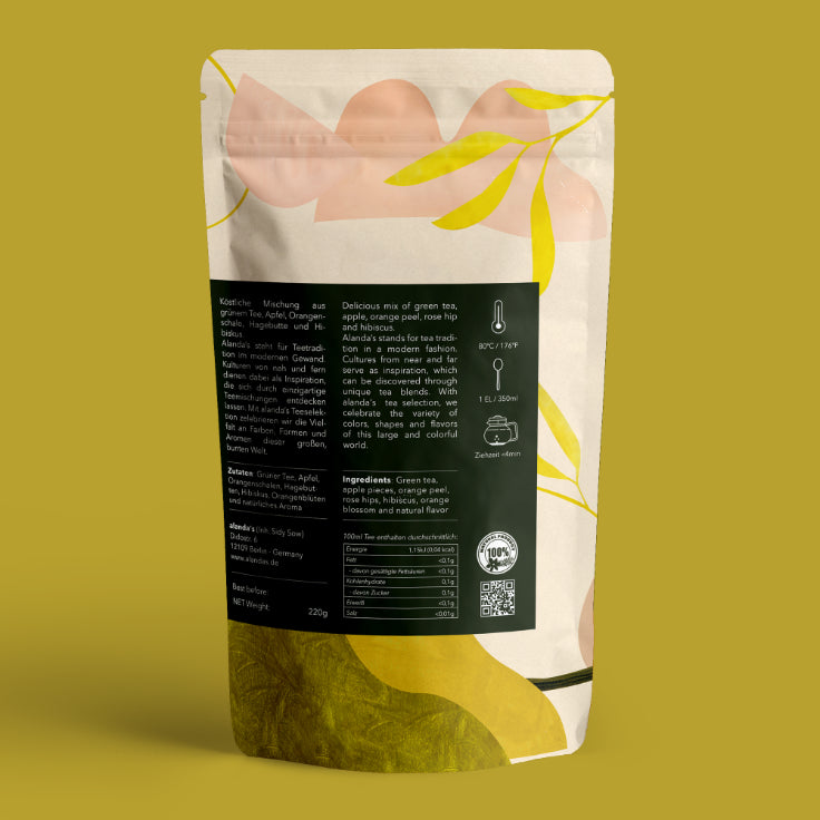 GRANADA Tee Rückseite Doypack von Alandas – Grüner Tee mit Früchten & Hibiskus 220g
