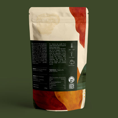 GRÜNTEE Sencha Rückseite Doypack von Alanda's – Bio Grüner Tee Japan 220g, Zutaten und Zubereitungshinweise