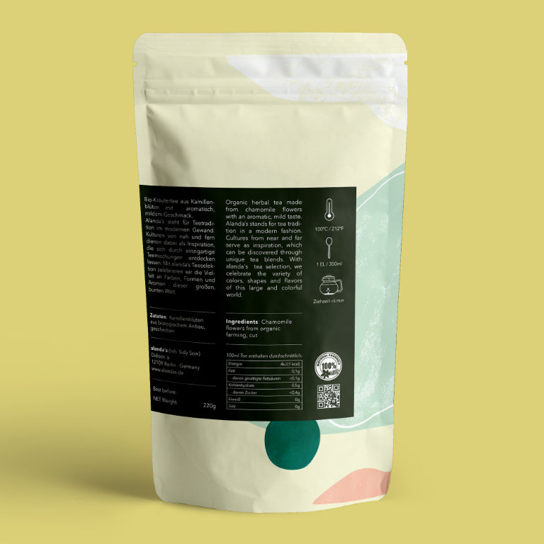 KAMILLE Rückseite Doypack von Alanda's – Bio Kamillenblüten Kräutertee 220g, Zutaten und Nährwertangaben