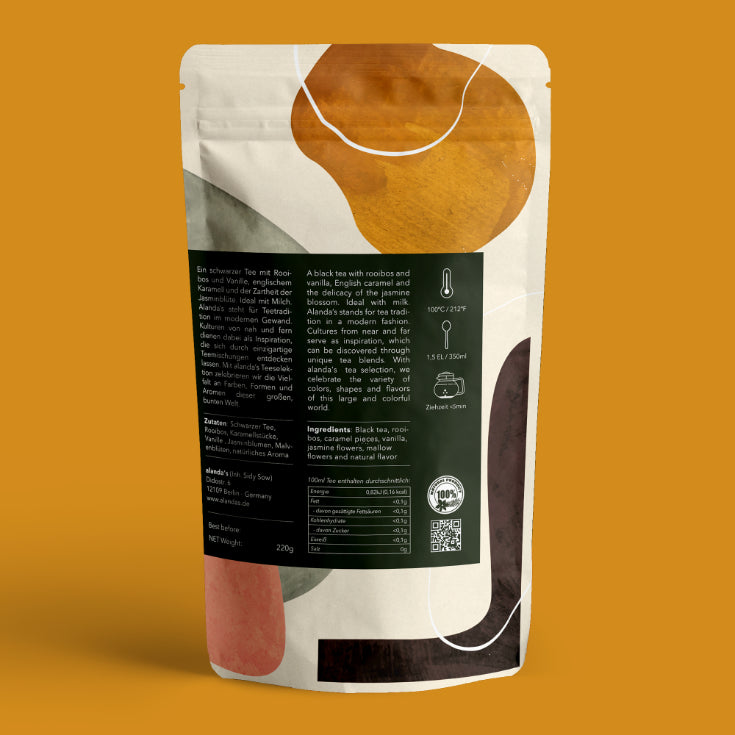 LONDON Tee Rückseite Doypack von Alandas – Schwarztee mit Karamell, Vanille & Jasmin 220g