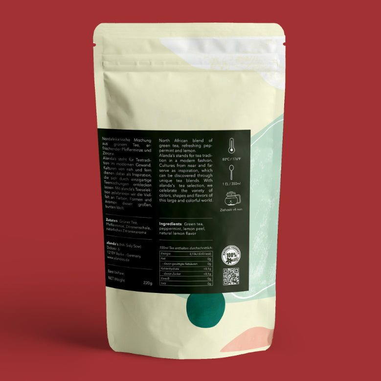 MARRAKECH Tee Rückseite - Produktinformationen mit Zutaten und Zubereitungsanleitung