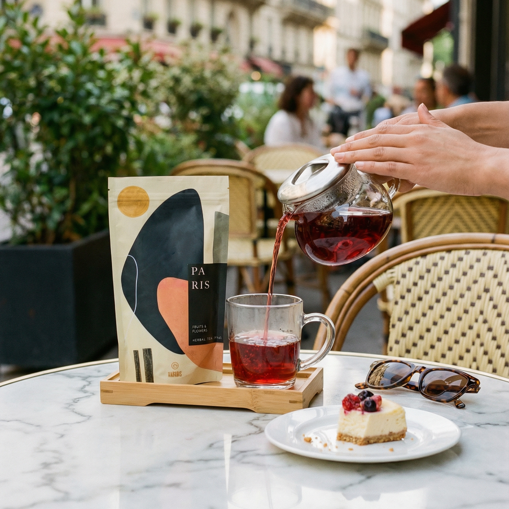 Paris cafe mit alandas Tee ; erdbeere Blüten