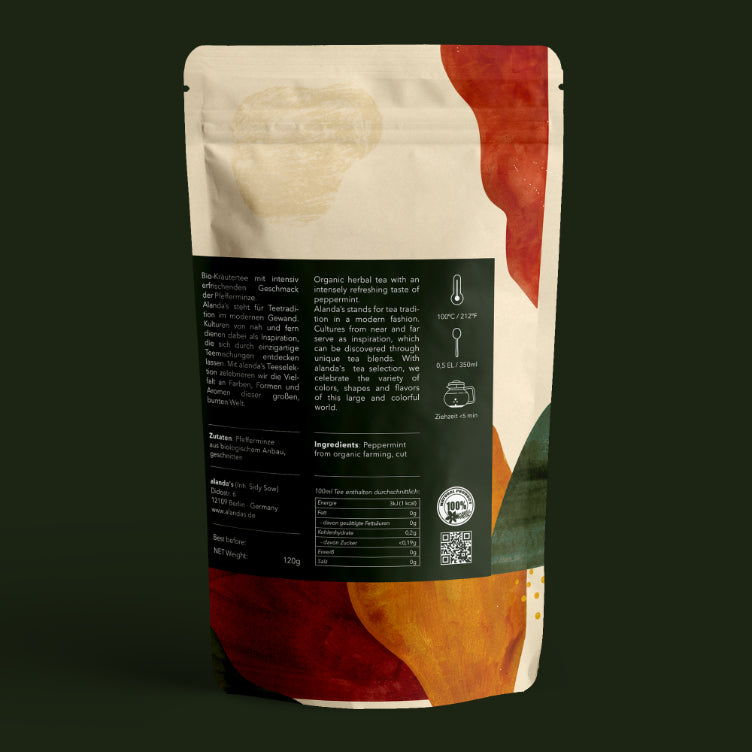 PFEFFERMINZE Rückseite Doypack von Alanda's – Bio Pfefferminztee 120g, Zutaten, Zubereitungshinweise und Nährwerte