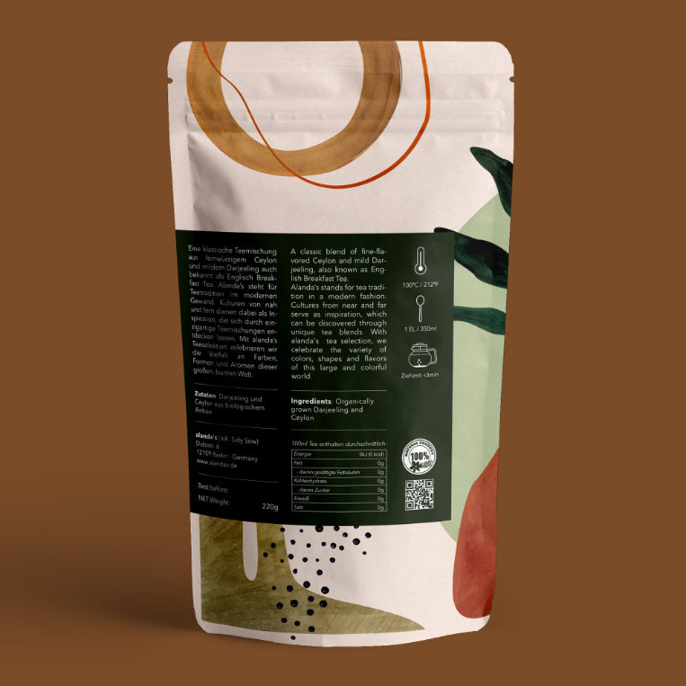 SCHWARZTEE Rückseite Doypack von Alanda's – Ceylon & Darjeeling Schwarztee 220g, Zutaten, Zubereitungshinweise und Nährwerte