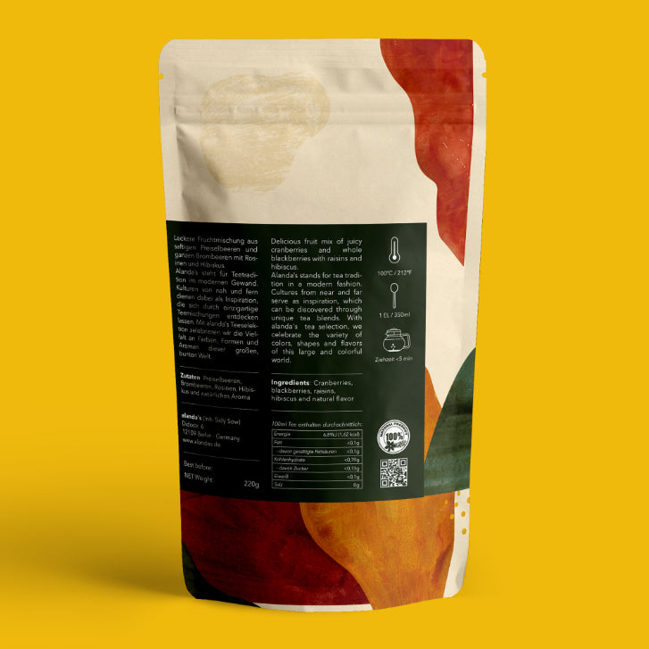 SCHWARZWALD Tee Rückseite Doypack von Alandas – Kräutertee mit Beeren & Hibiskus 220g